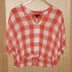 Express Womens Orange White Check Short Dolman Sleeve Front Tie Cropped Top...